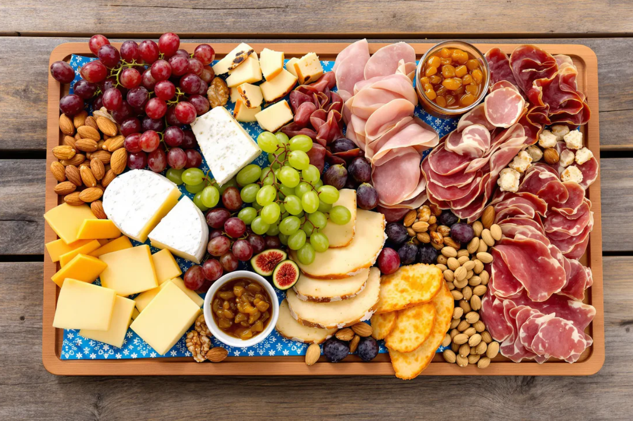 Charcuterie board with meats and cheeses
